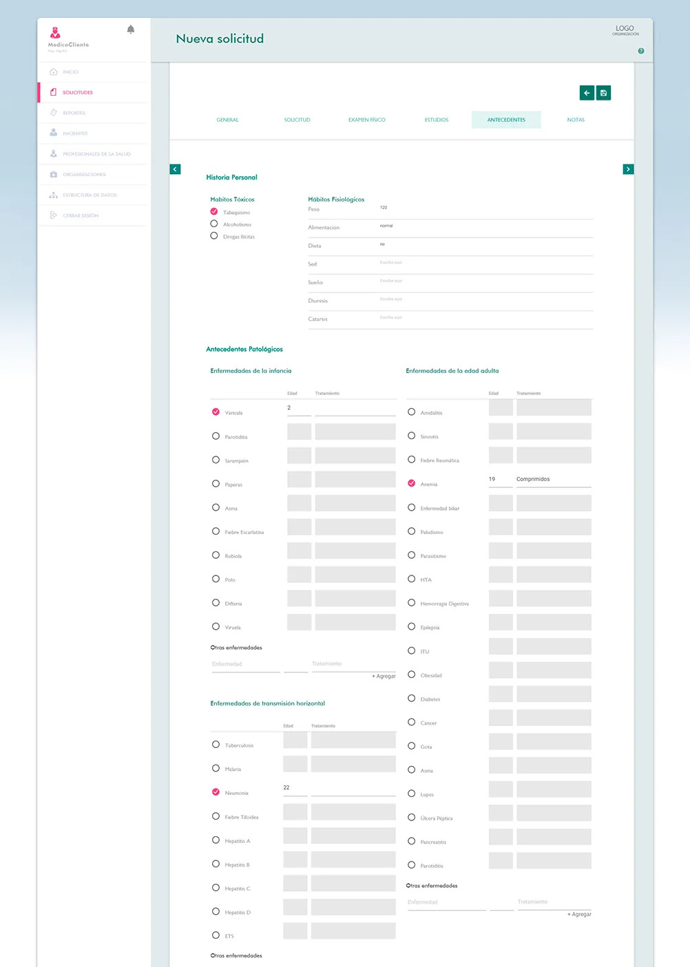 A request in detail: patient data, studies and notes.