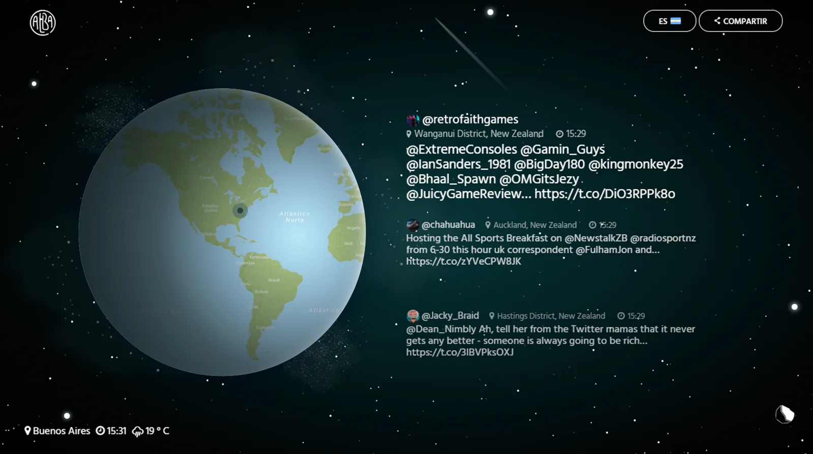 Tweets appear on the map, at the spot where they were posted as the sun was rising.