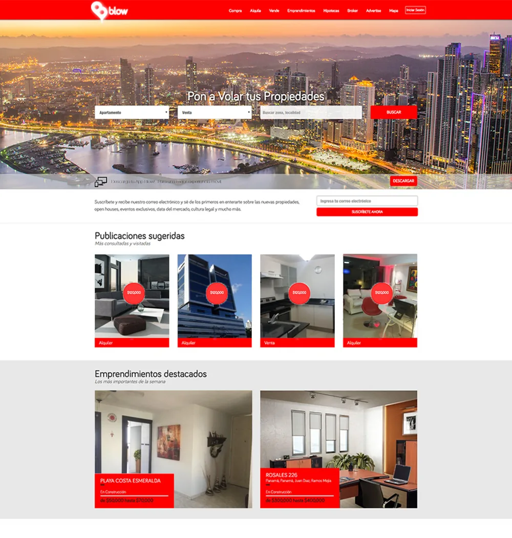 The home page: search, suggested listings and featured developments.