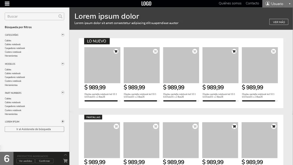 The catalog: filters on one side and products, sorted by category.