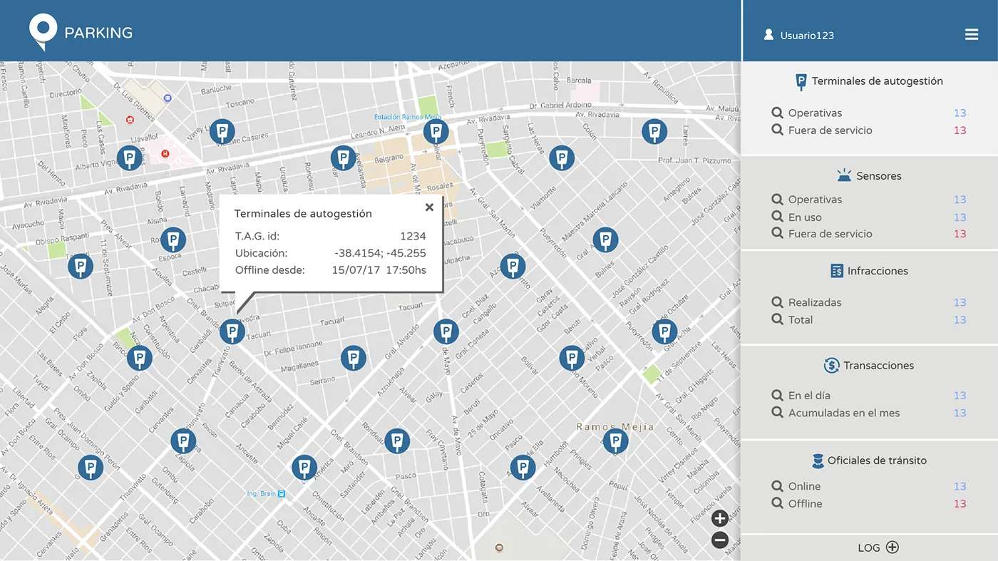 The monitoring centre: terminals, sensors, fines and officers on the map.
