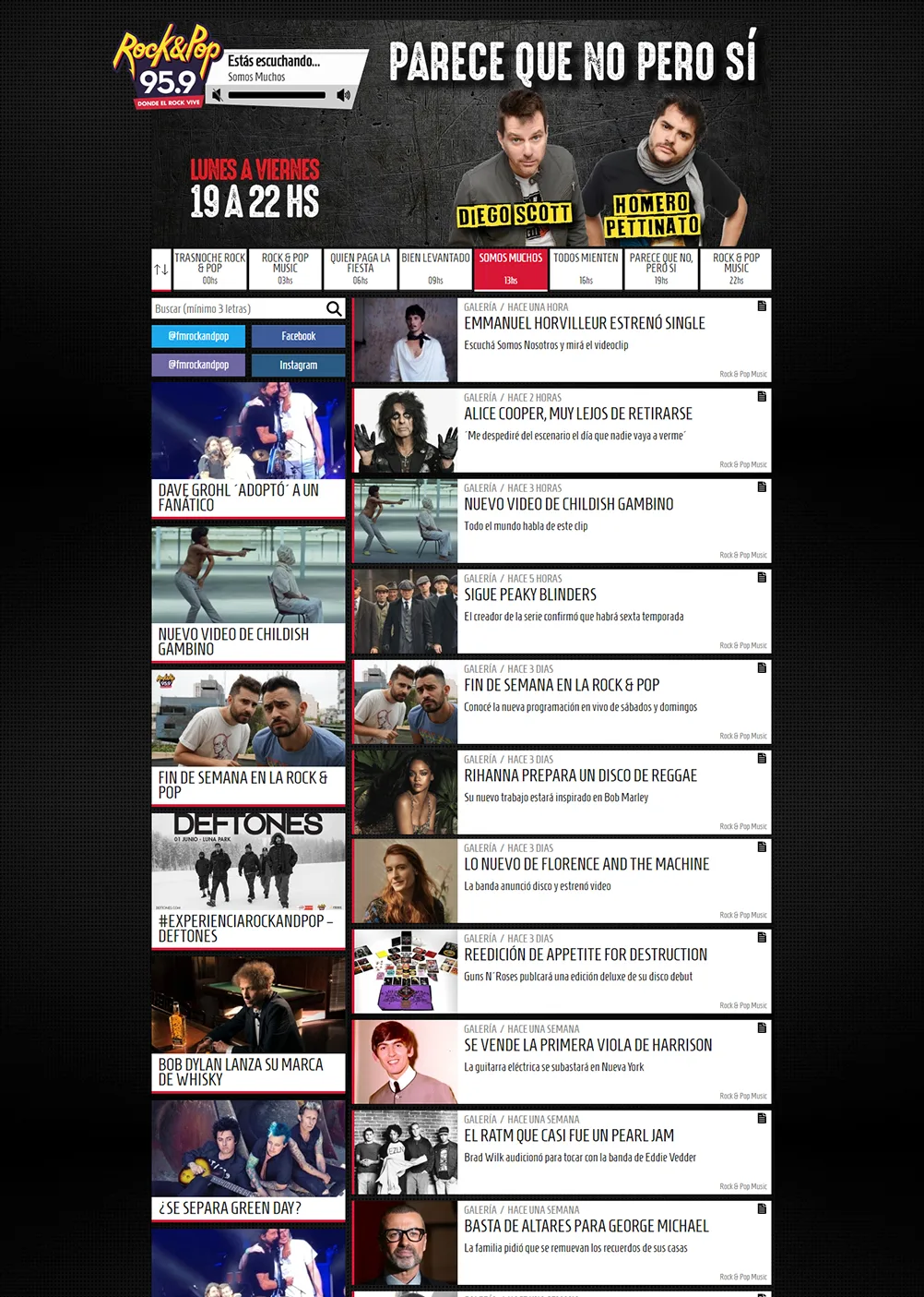 The home page: live radio, the current show and the latest news.