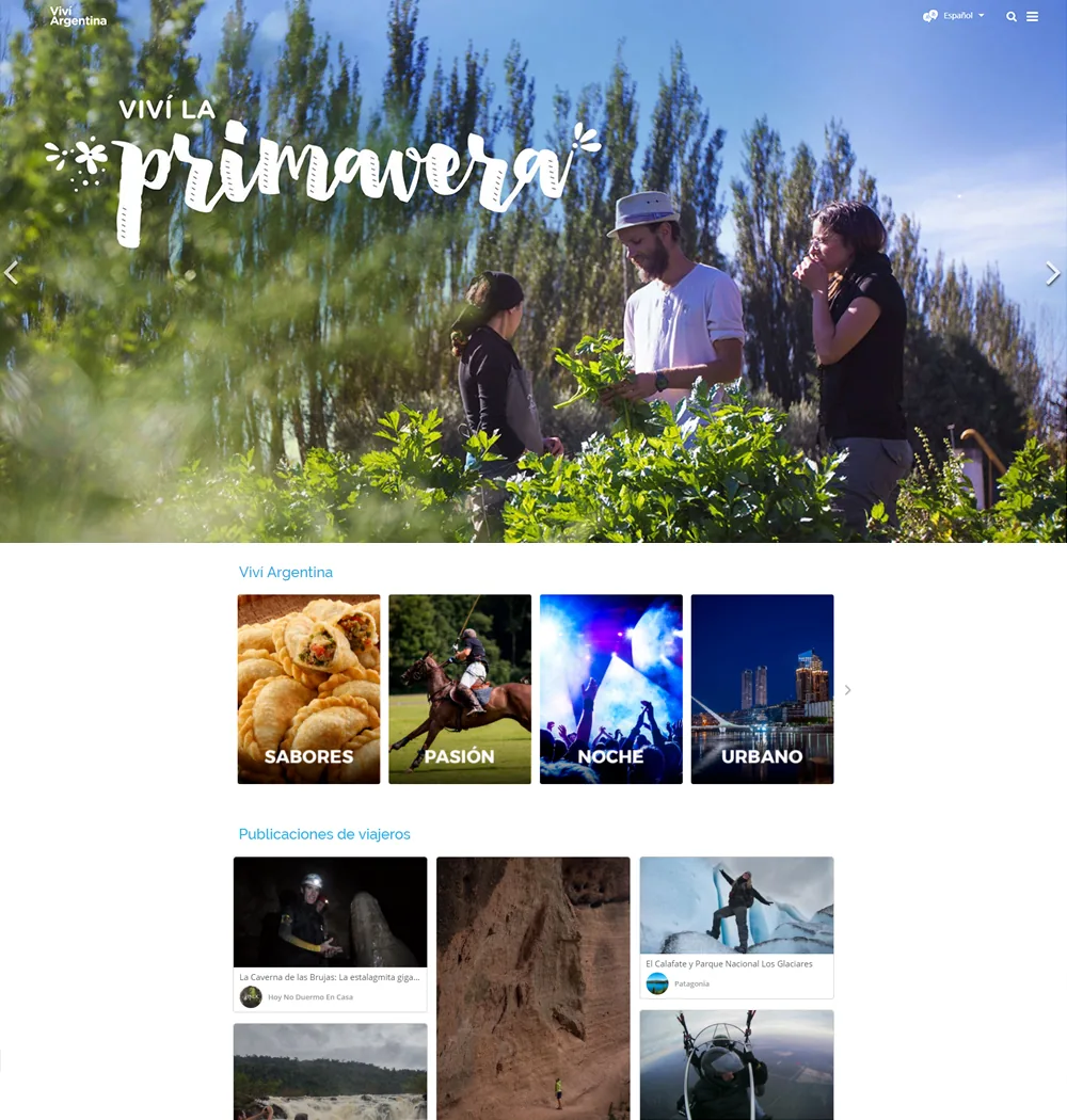 The home page, with destinations, travellers' posts and events.