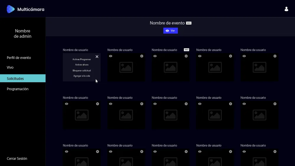 From the admin module you choose which camera goes on air next, and you can turn down requests based on factors such as the quality of the source.